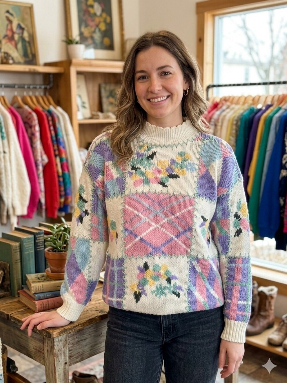 Vintage 90s Maggie Lawrence Patchwork Knit Sweater Pastel Floral Grannycore